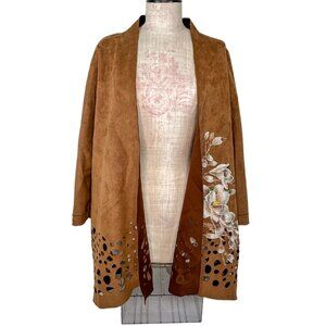 Aria Brown Faux Suede Embroidered Open Front Jacket Pockets Laser Cut Design